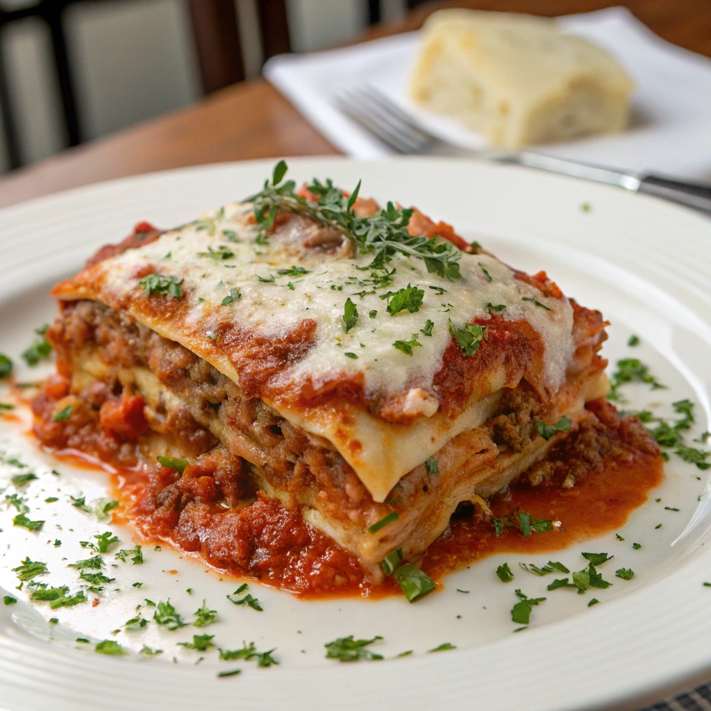 Delicious homemade lasagna with layers of meat sauce, melted cheese, and pasta, garnished with fresh herbs on a white plate – Mama's Roses Recipe for Lasagna.