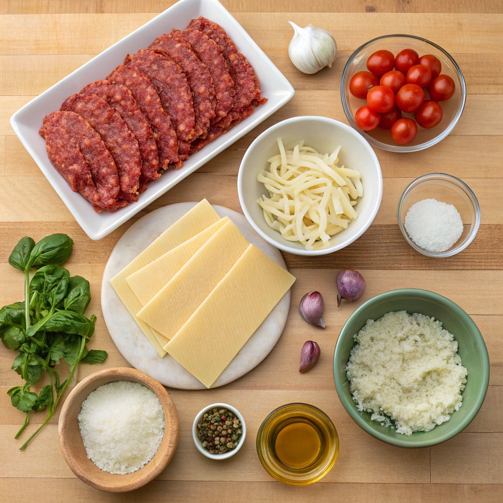 Fresh ingredients for homemade lasagna, including pasta sheets, ground meat, mozzarella, Parmesan, cherry tomatoes, garlic, basil, and olive oil on a wooden surface – Mama's Roses Recipe for Lasagna.