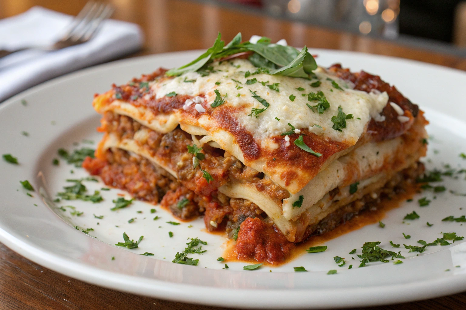 Homemade lasagna with layers of rich meat sauce, creamy cheese, and pasta, garnished with fresh herbs on a white plate – Mama's Roses Recipe for Lasagna.