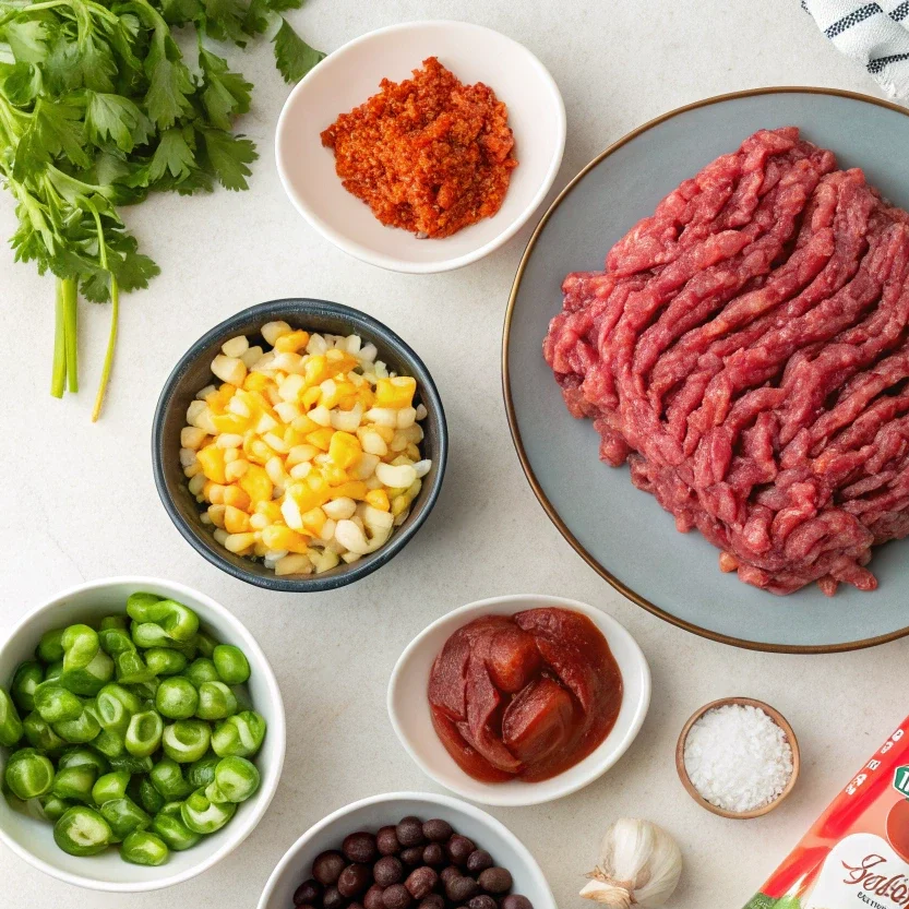 Fresh ingredients for Slow Cooker Taco Soup arranged on a kitchen counter, including raw ground beef, black beans, corn, chopped green peppers, tomato paste, taco seasoning, garlic, salt, and a can of diced tomatoes. A striped kitchen towel and a wooden cutting board add a rustic touch.