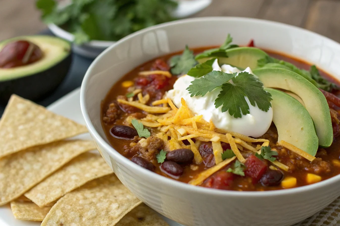 A bowl of Slow Cooker Taco Soup topped with shredded cheese, sour cream, avocado slices, and fresh cilantro. The soup is served with crispy tortilla chips on a white plate. In the background, a halved avocado and a bowl of fresh cilantro add a fresh, rustic touch.