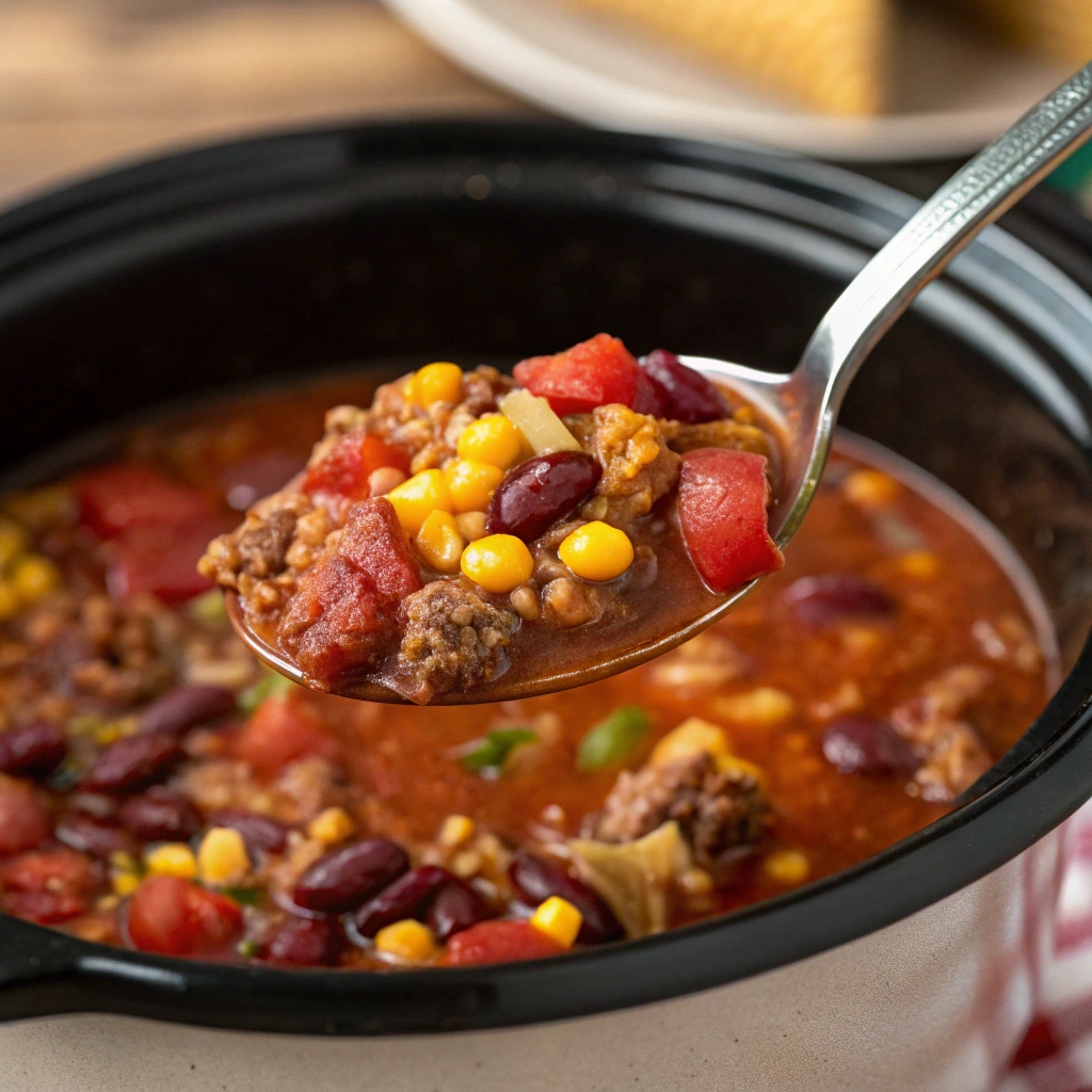 A close-up of a spoonful of Slow Cooker Taco Soup, filled with ground beef, kidney beans, corn, and diced tomatoes. The rich, hearty soup is simmering in a black slow cooker, with a blurred background featuring tortilla chips and a rustic kitchen setting.