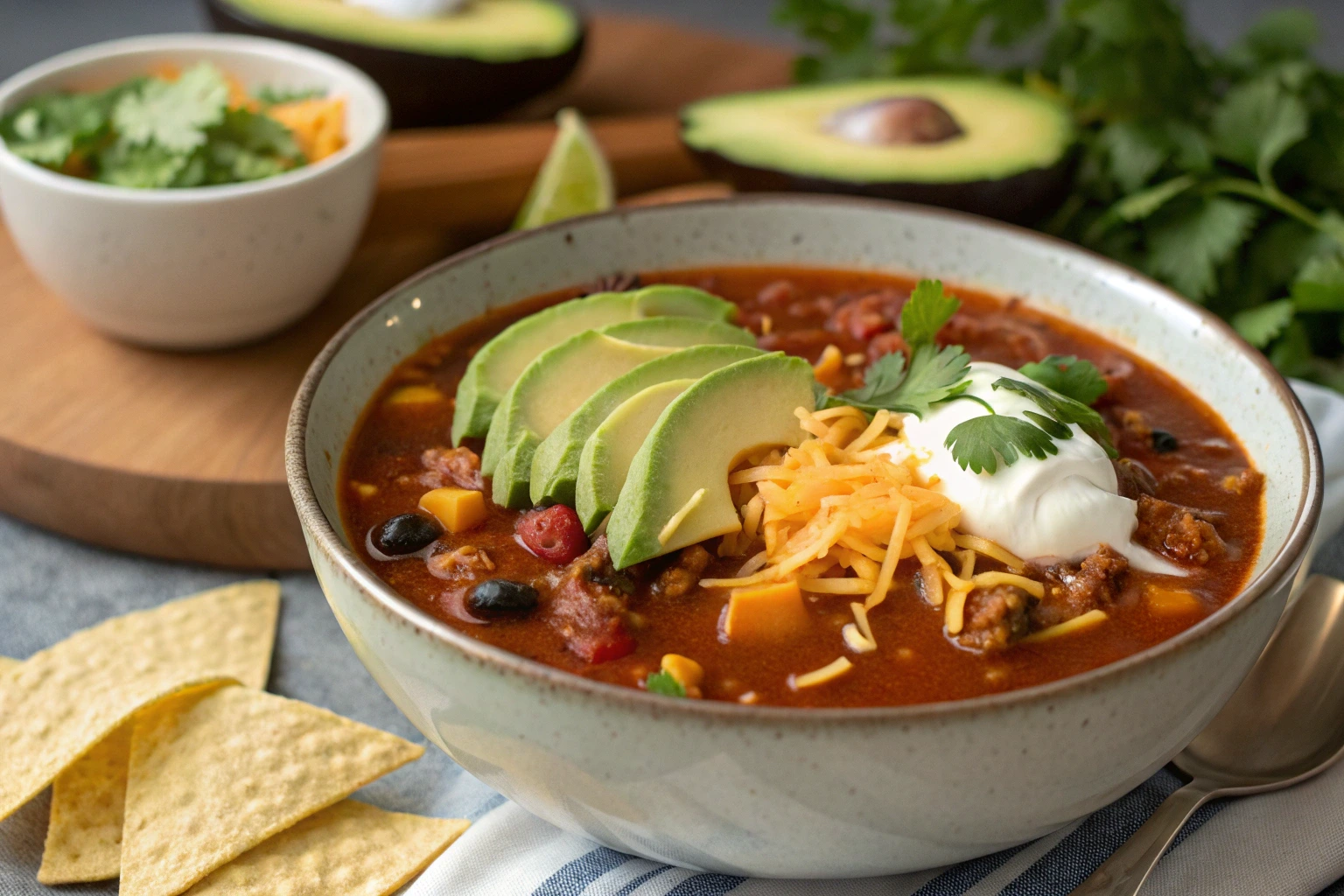 A bowl of Slow Cooker Taco Soup topped with sliced avocado, shredded cheese, sour cream, and fresh cilantro. The rich, hearty soup contains ground beef, black beans, corn, and diced tomatoes, served with tortilla chips on the side. A fresh avocado and a bowl of cheese and cilantro sit in the background.