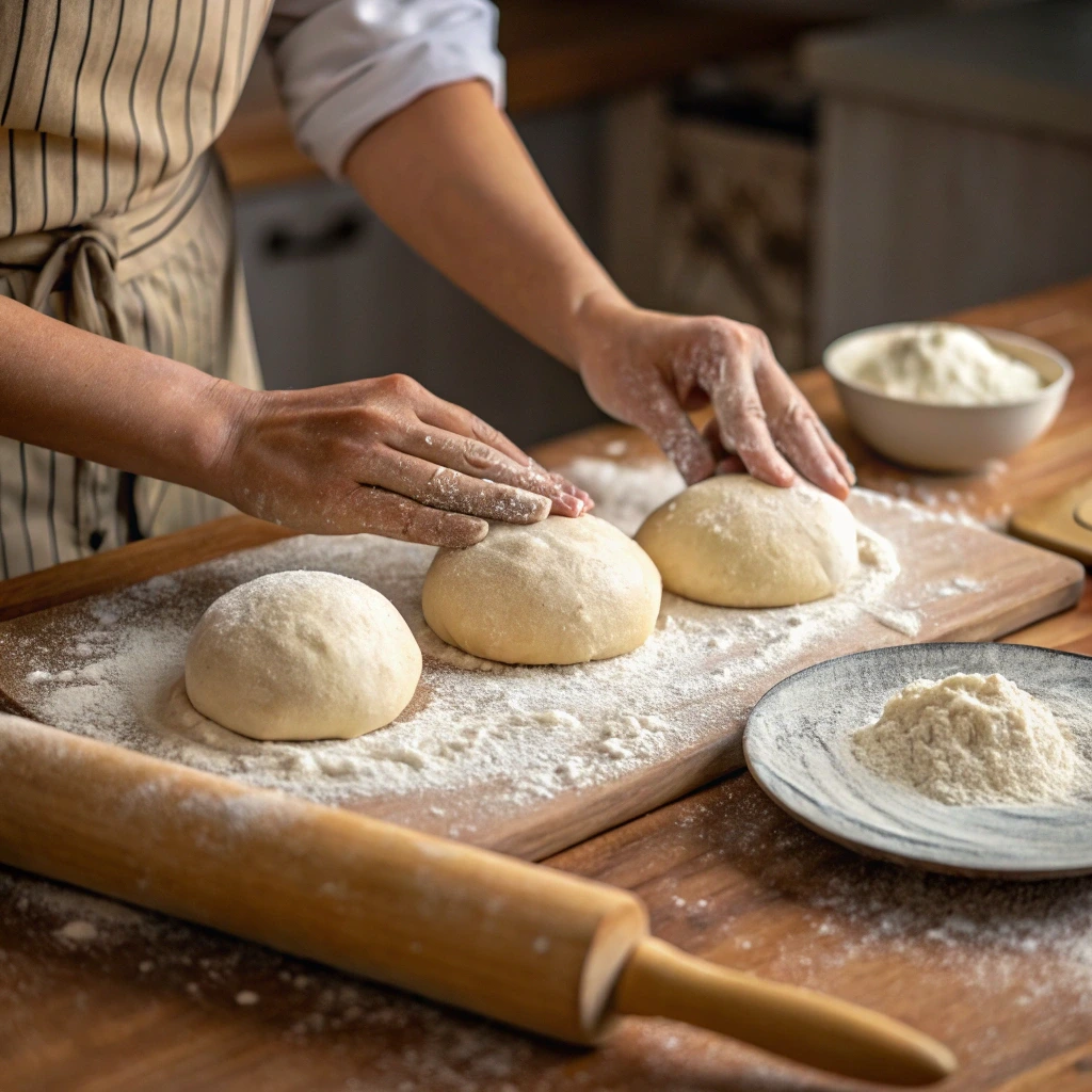 Freshly baked sourdough hamburger buns with a golden crust, resting on a wooden board, perfect for homemade burgers.