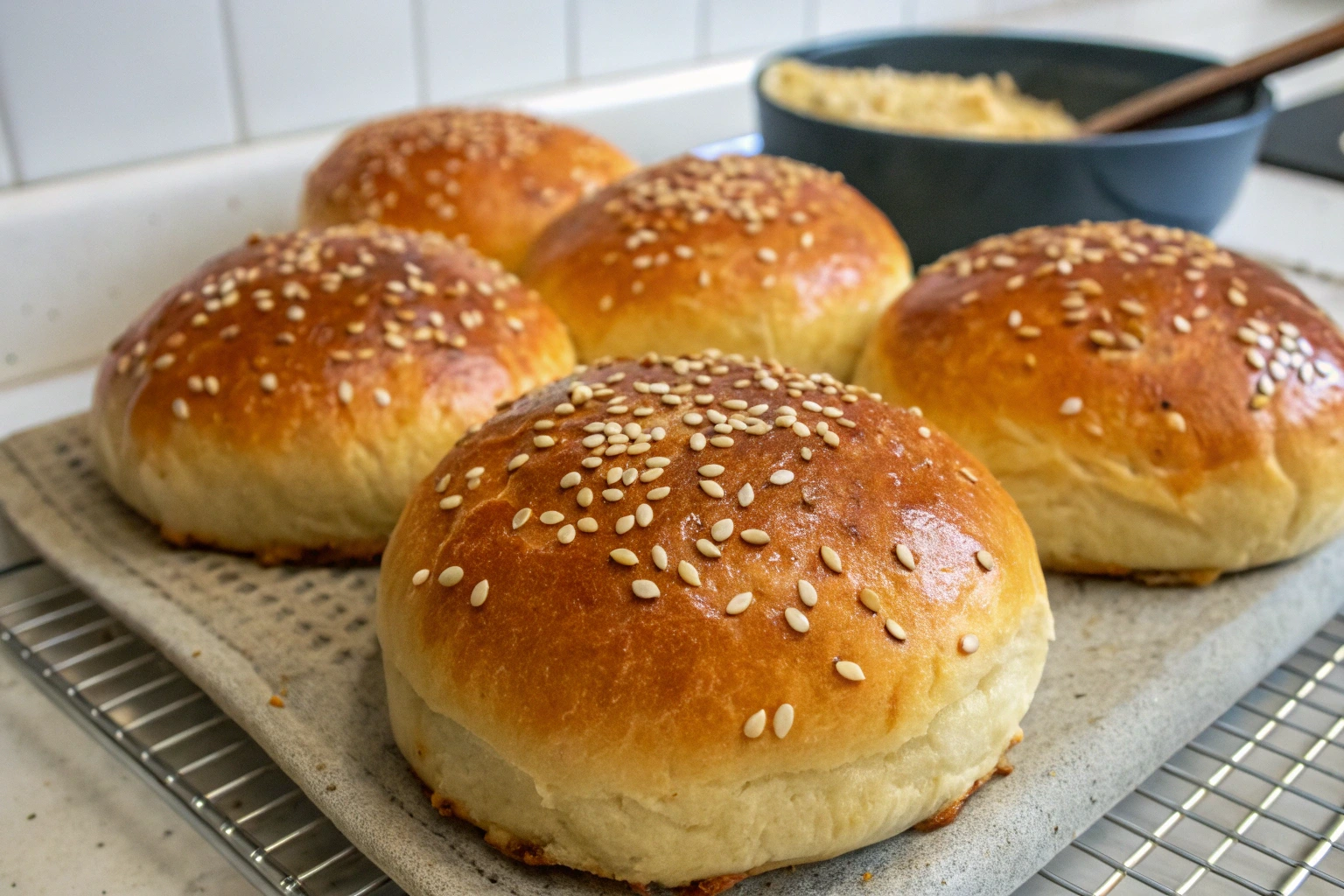 Freshly baked sourdough hamburger buns with a golden-brown crust and sesame seeds, cooling on a wire rack in a home kitchen.