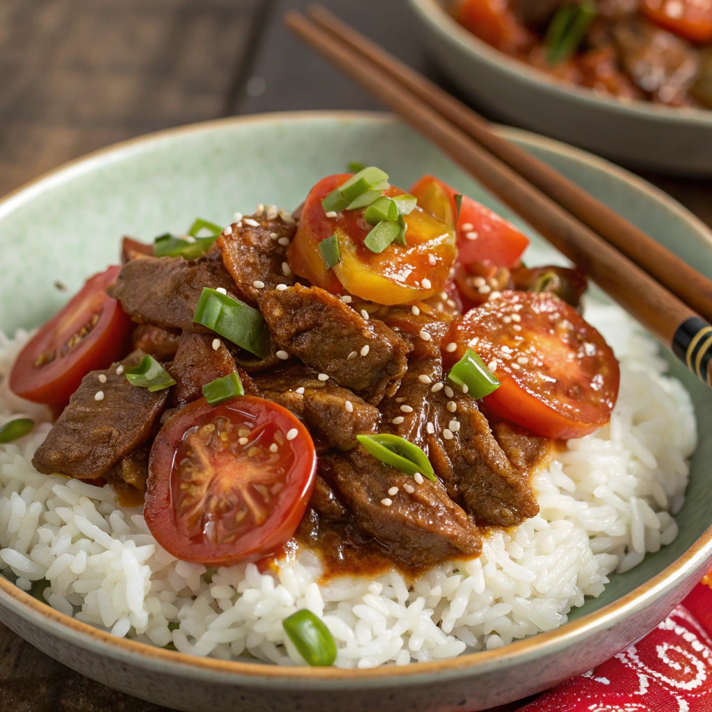 Beef tomato recipe – A delicious stir-fry with tender beef, fresh tomatoes, and a savory sauce, served over white rice and garnished with green onions and sesame seeds.