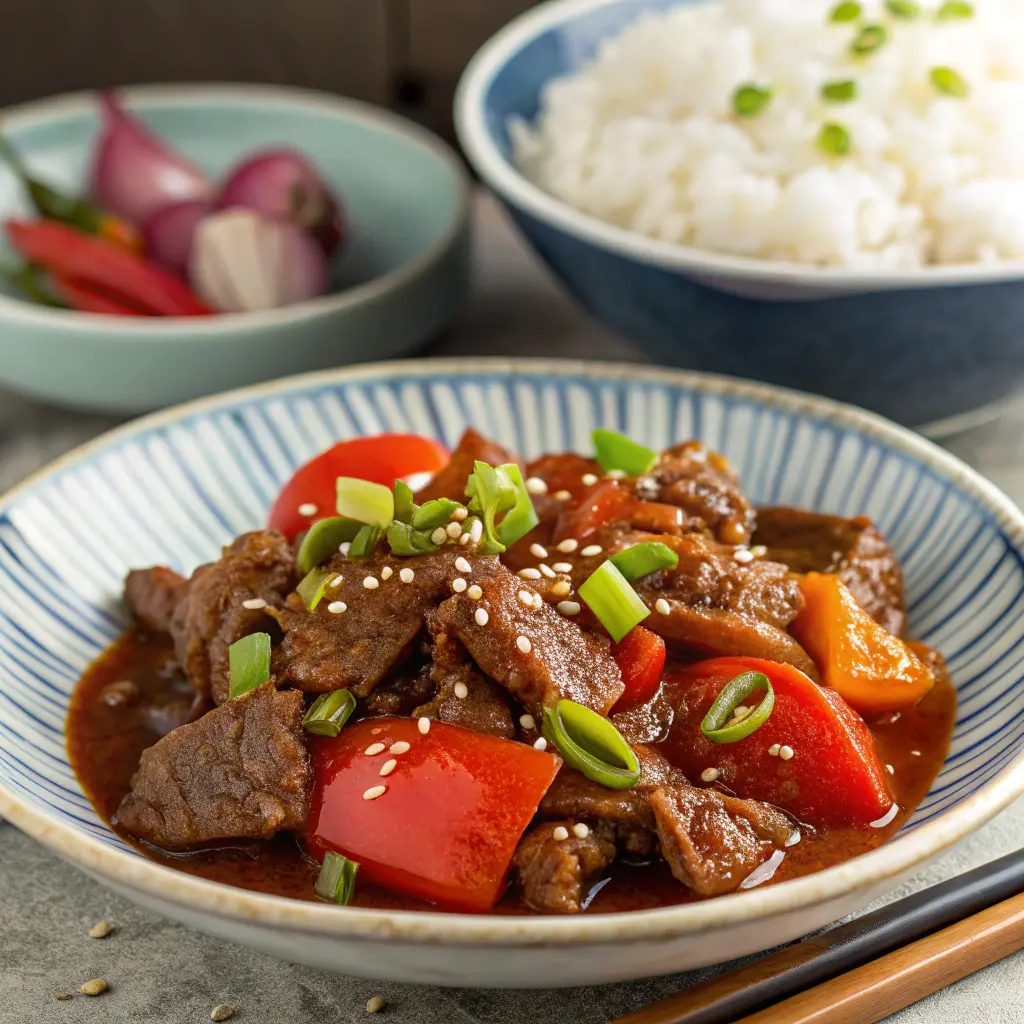 Chinese-style beef tomato stir-fry – Tender beef slices in a savory, umami-rich sauce with tomatoes, bell peppers, and green onions, garnished with sesame seeds and served with steamed rice.