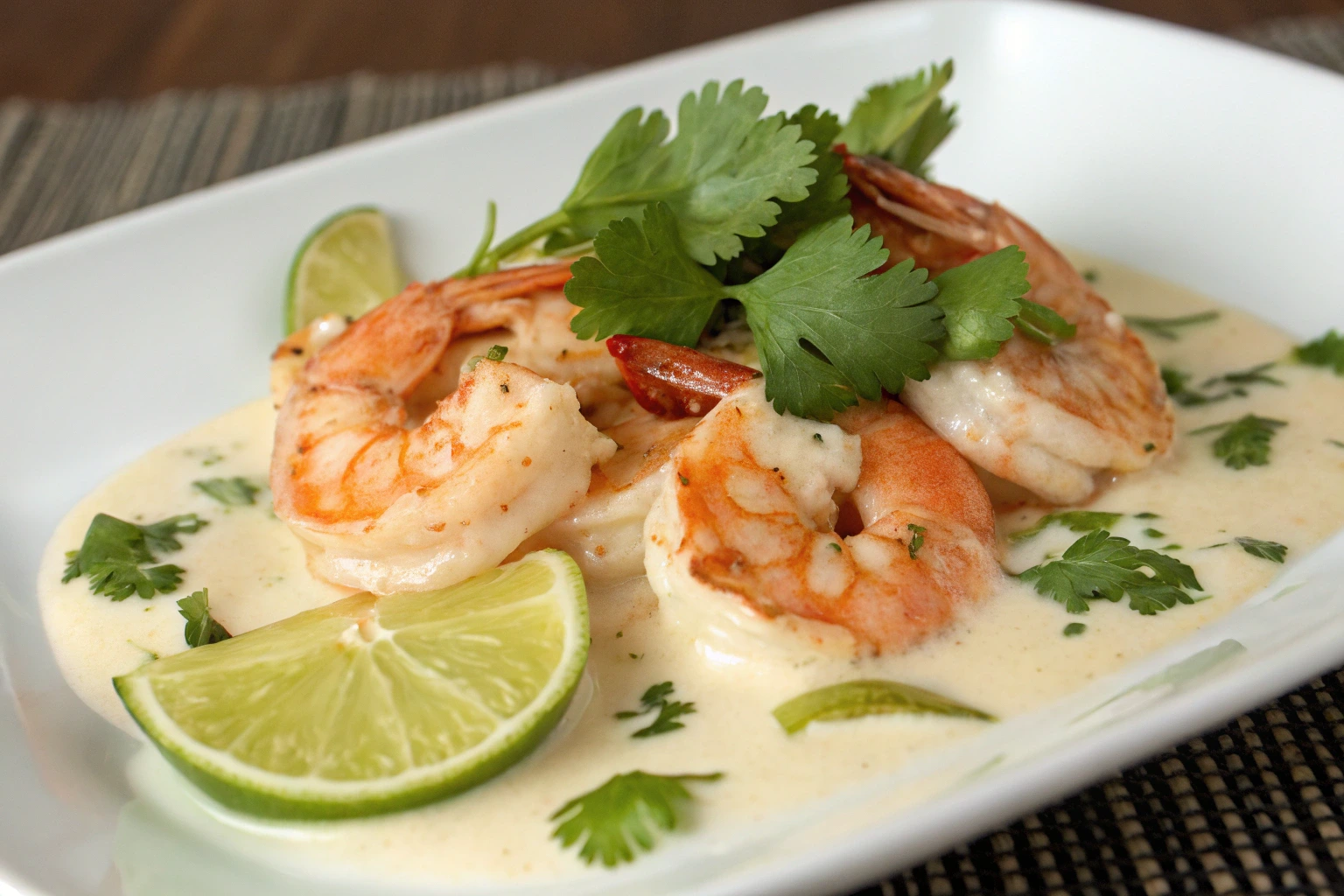 Creamy coconut shrimp garnished with fresh cilantro and lime wedges, served in a white dish with a rich coconut sauce. A flavorful seafood dish.