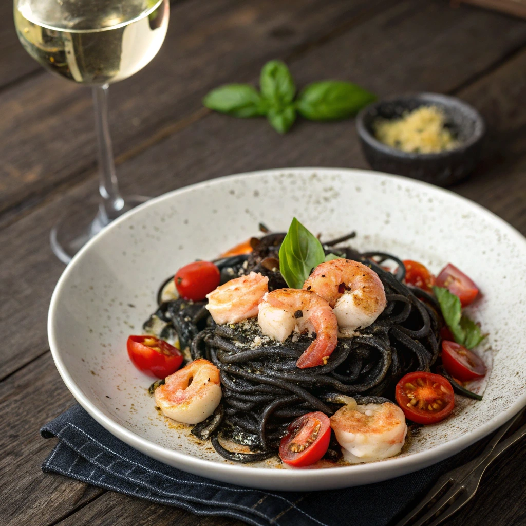 Black spaghetti with shrimp, cherry tomatoes, and fresh basil, garnished with parmesan, served on a rustic table with a glass of white wine.