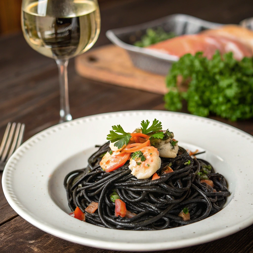 Black spaghetti with shrimp, cherry tomatoes, and fresh parsley, served on a white plate with a glass of white wine and ingredients in the background.