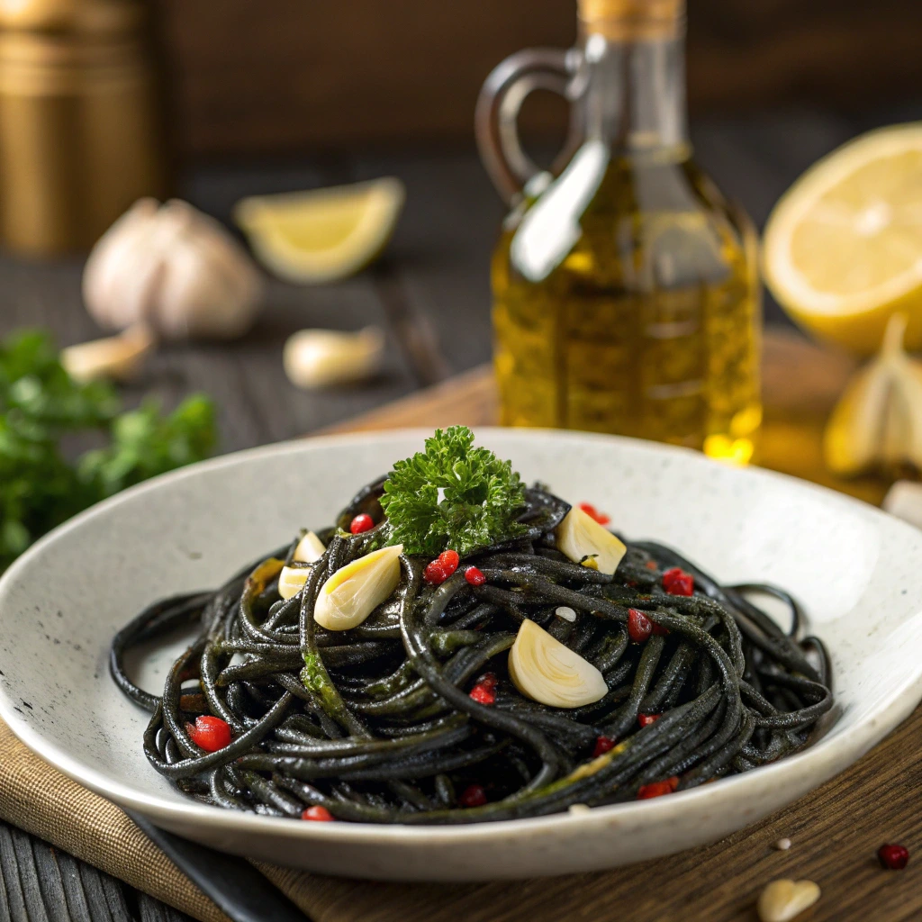 Black spaghetti with classic garlic and olive oil sauce, garnished with fresh parsley, sliced garlic, and red pepper flakes. A bottle of olive oil, garlic cloves, and lemon wedges are in the background on a rustic wooden table.