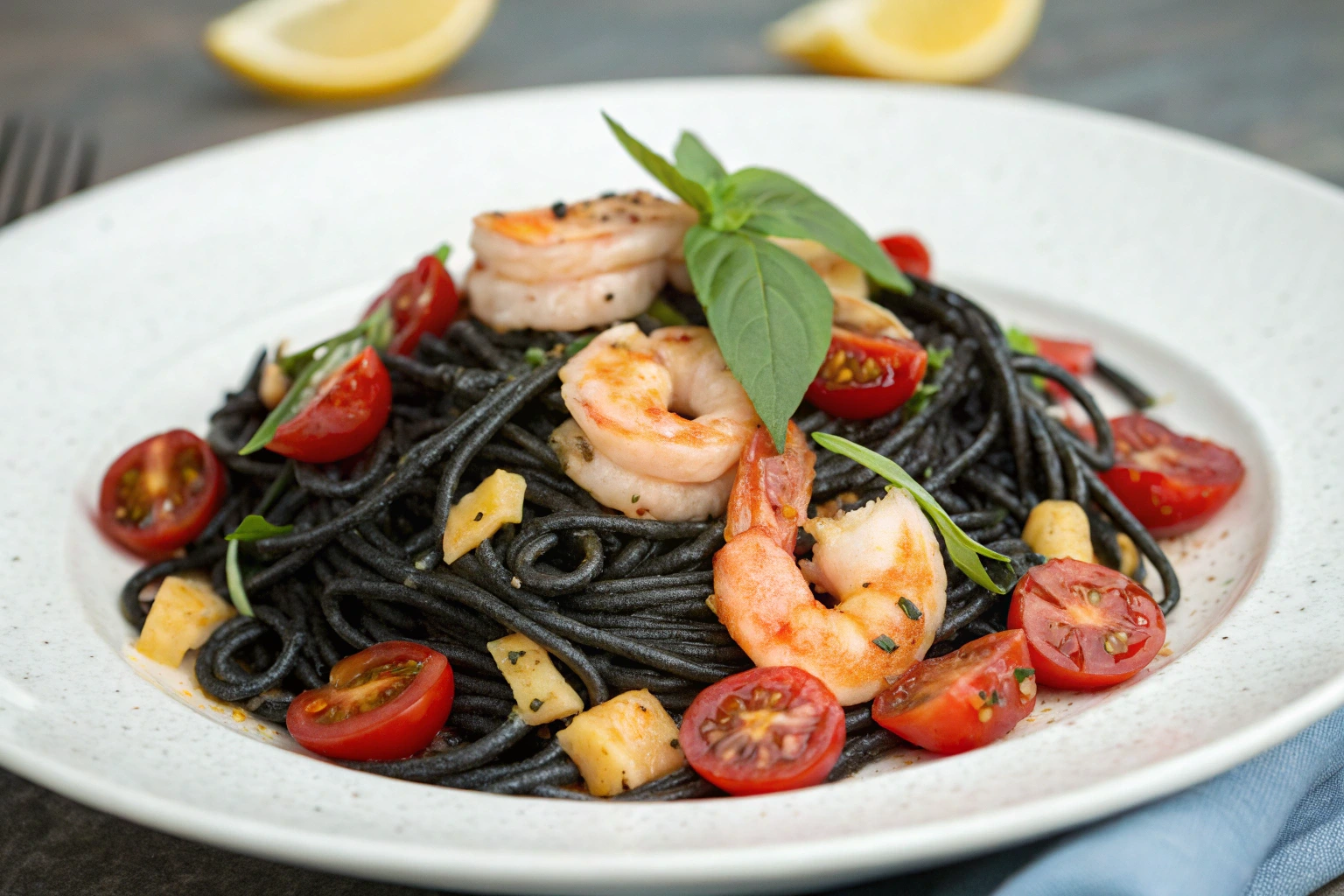 Black spaghetti with shrimp, cherry tomatoes, garlic, and fresh basil, served on a white plate with lemon wedges in the background.