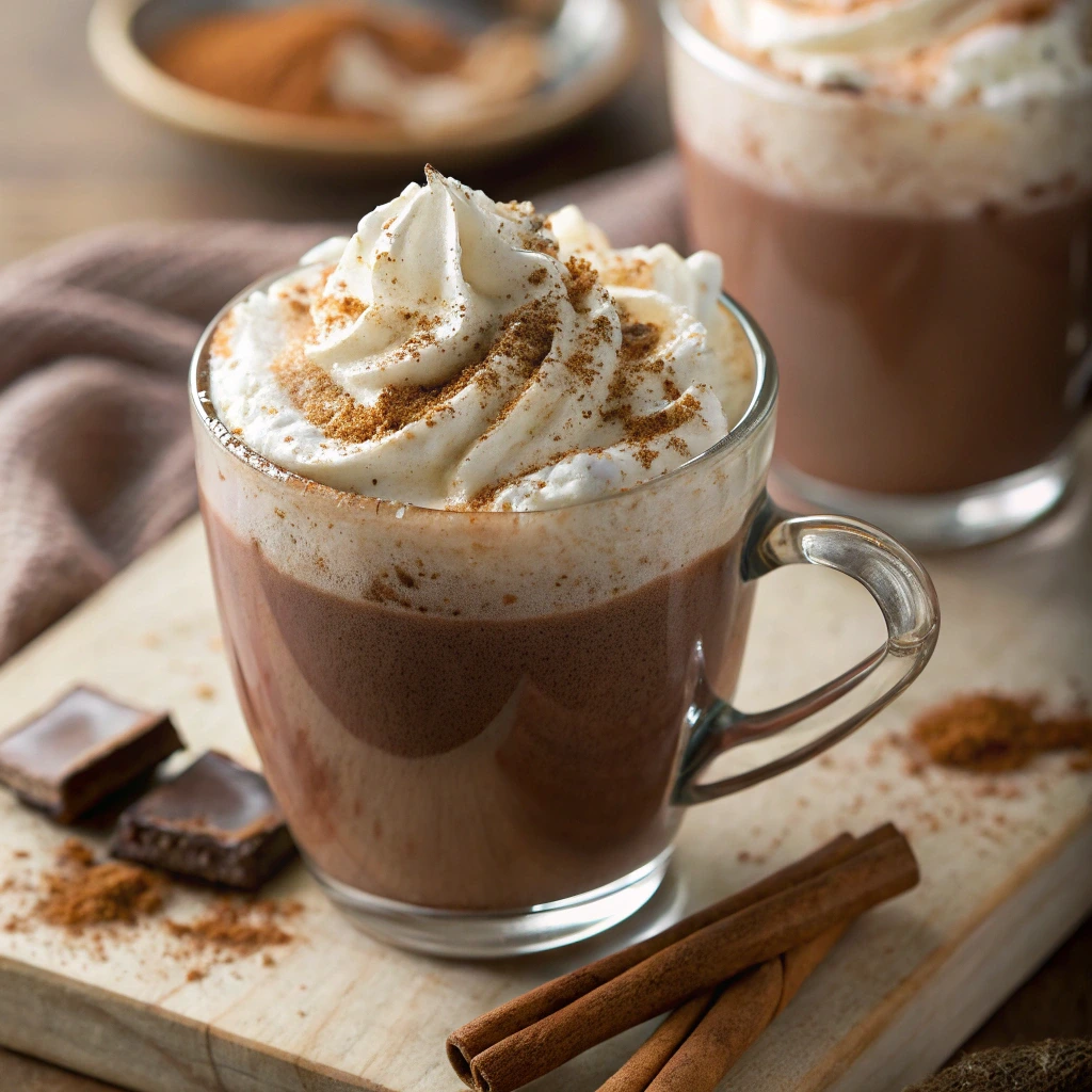 A glass mug of bone broth hot chocolate topped with whipped cream and cinnamon, served on a wooden board with chocolate pieces and cinnamon sticks.