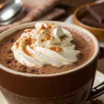 A steaming cup of bone broth hot chocolate topped with whipped cream and sprinkled with cinnamon, served in a rustic brown mug.