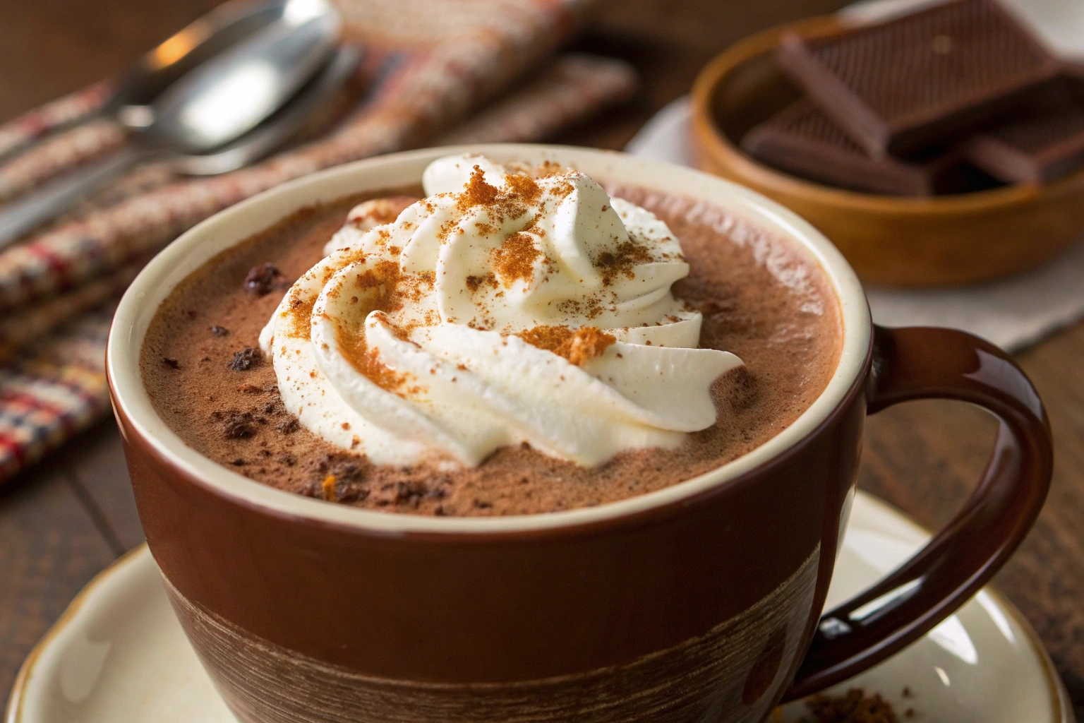 A steaming cup of bone broth hot chocolate topped with whipped cream and sprinkled with cinnamon, served in a rustic brown mug.