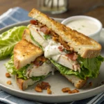 Chicken Caesar Salad Sandwich with grilled chicken, romaine lettuce, crispy bacon, and creamy Caesar dressing on toasted bread, served with a side of dressing.