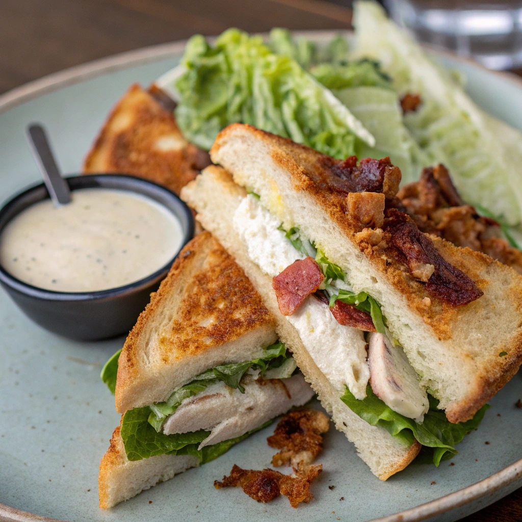 Chicken Caesar Salad Sandwich with grilled chicken, crispy bacon, romaine lettuce, and creamy Caesar dressing on toasted bread, served with a side of dressing.