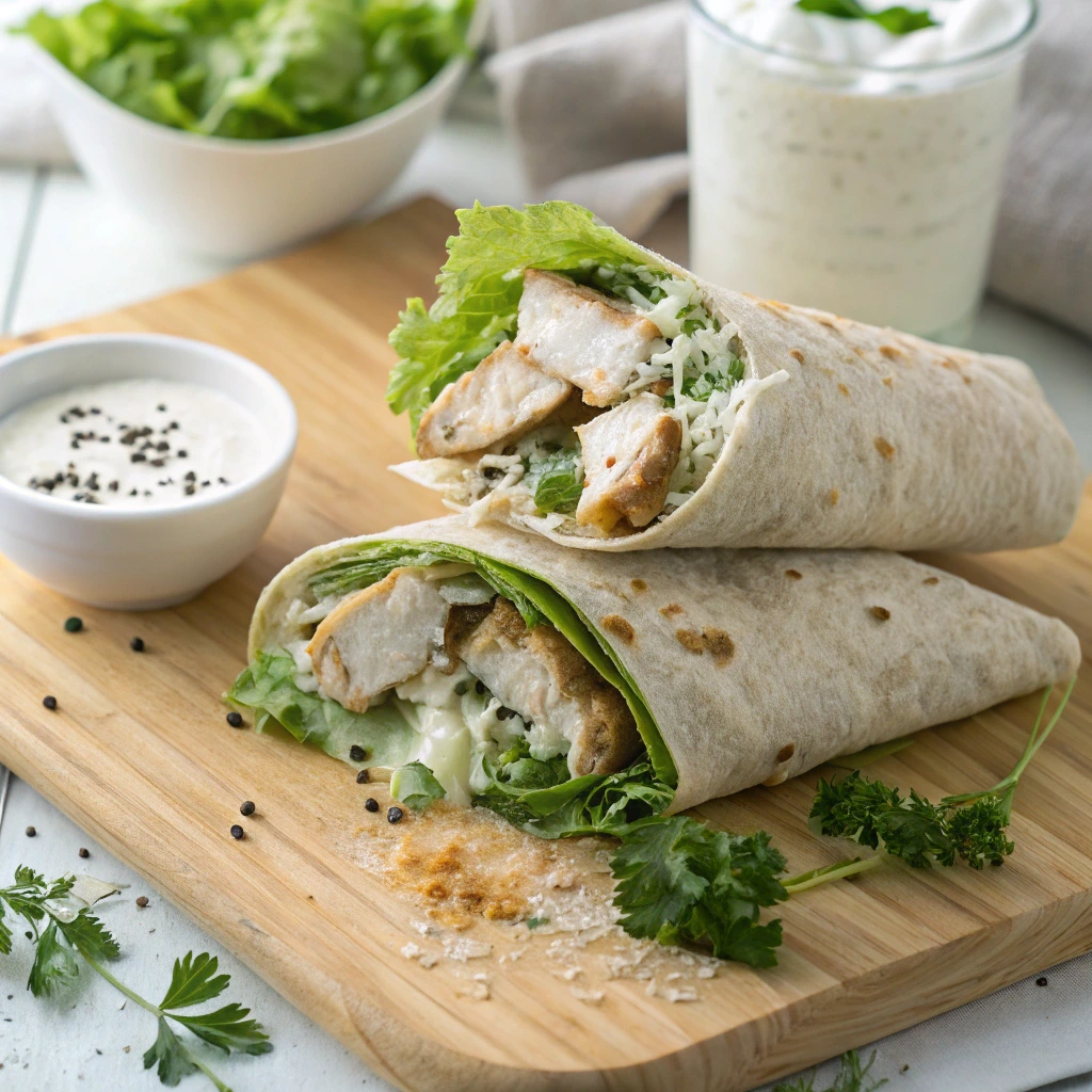 Healthy Chicken Caesar Wrap with grilled chicken, crisp romaine lettuce, shredded parmesan, and Greek yogurt Caesar dressing in a whole wheat tortilla, served on a wooden board with a side of dressing.