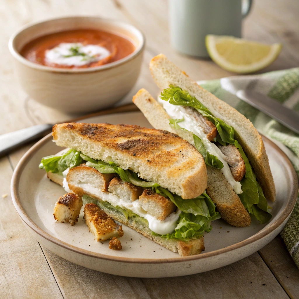  Chicken Caesar Salad Sandwich with crispy chicken, romaine lettuce, parmesan cheese, and creamy Caesar dressing on toasted bread, served with a bowl of tomato soup garnished with cream and fresh herbs.