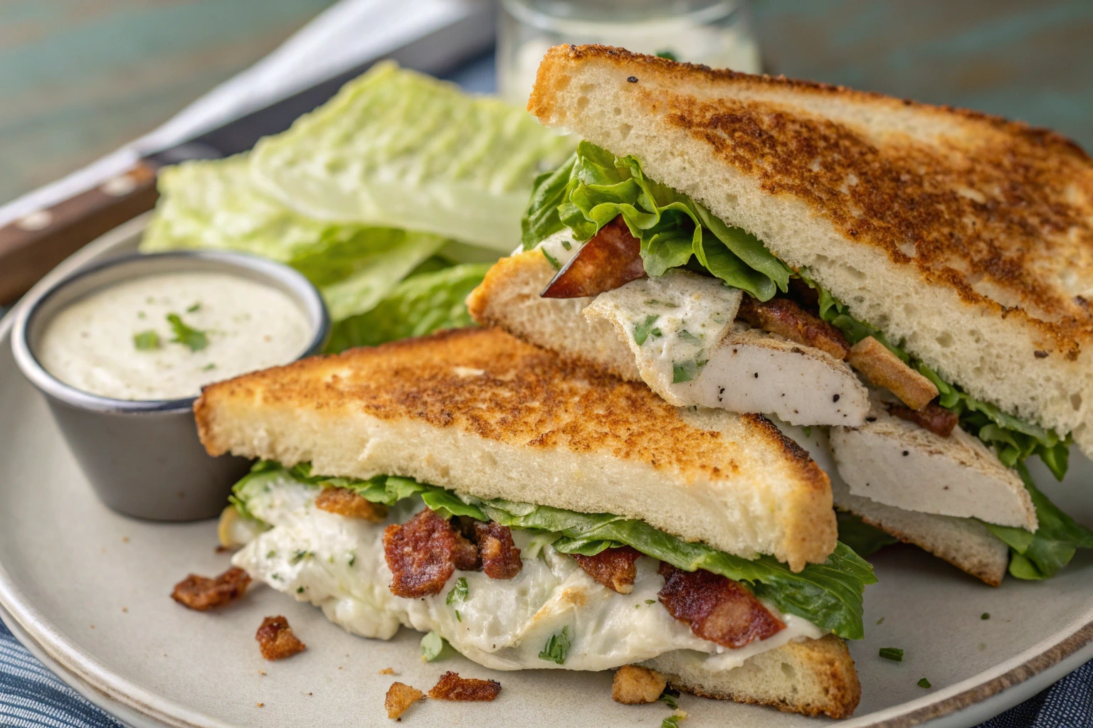 Chicken Caesar Salad Sandwich with grilled chicken, crispy bacon, romaine lettuce, and creamy Caesar dressing on toasted bread, served with a side of Caesar dressing.