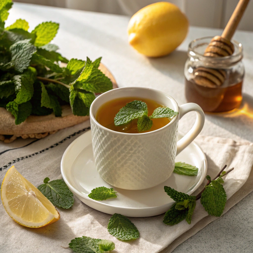 A steaming cup of lemon balm tea in a white ceramic mug, garnished with fresh lemon balm leaves. A lemon wedge, honey jar, and additional lemon balm leaves are placed on a neutral-toned table, creating a warm and inviting atmosphere.