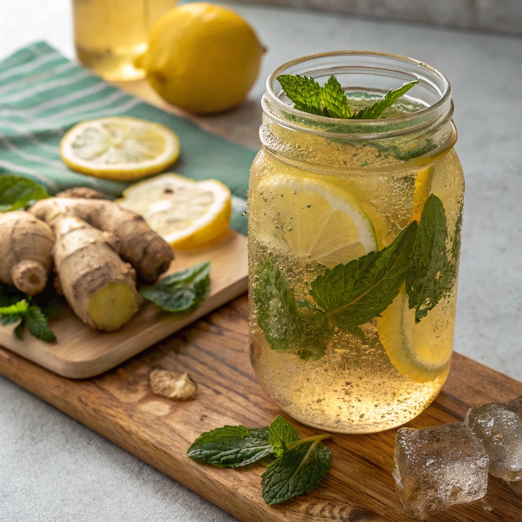 A refreshing lemon balm and ginger detox drink in a mason jar, infused with fresh lemon slices, mint leaves, and ice. A wooden board holds ginger root, lemon slices, and additional mint leaves, creating a natural and healthy presentation.