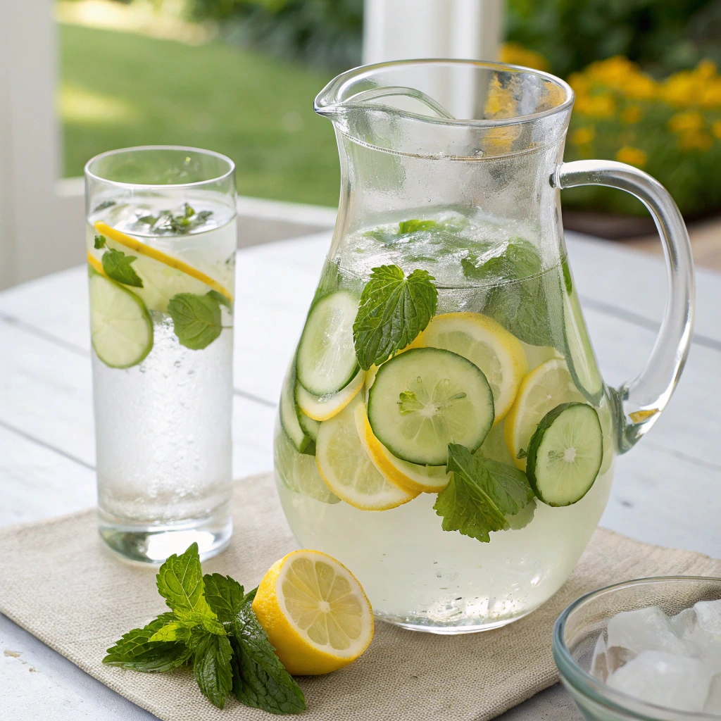 A glass pitcher of lemon balm-infused water with fresh cucumber slices, lemon wedges, and mint leaves. A tall glass filled with the infused water sits beside it on a white outdoor table, creating a refreshing and hydrating summer drink.