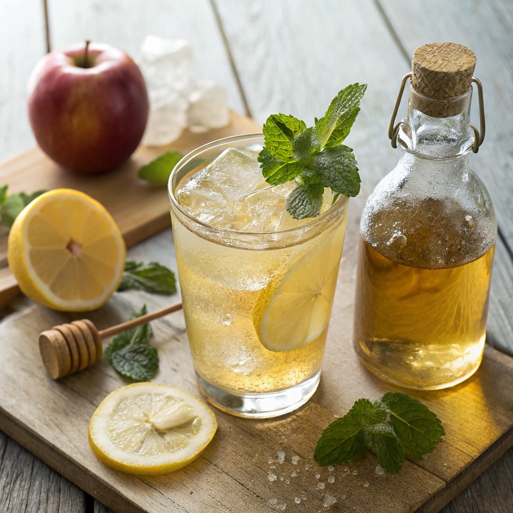 A refreshing glass of lemon balm and apple cider vinegar tonic with ice cubes, garnished with fresh mint leaves and a lemon slice. A bottle of apple cider vinegar, a whole apple, a honey dipper, and additional lemon slices rest on a rustic wooden board, highlighting the drink’s natural detox ingredients.