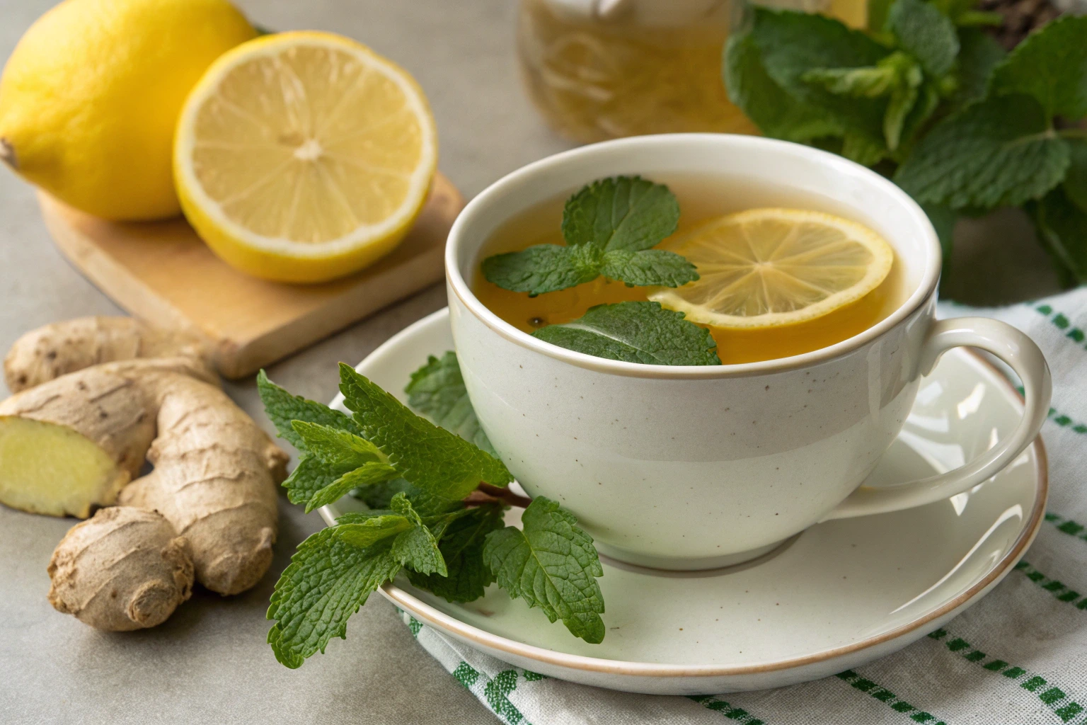 A cup of lemon balm and ginger tea garnished with fresh mint leaves and a lemon slice. Fresh ginger root, lemons, and honey are arranged on a wooden board, highlighting the tea’s natural detox and digestion-boosting ingredients.