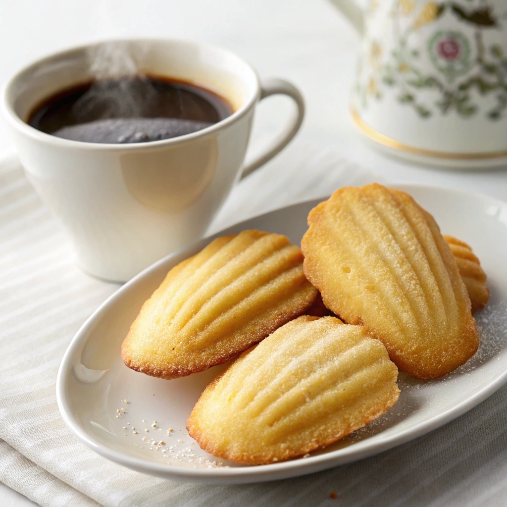 Freshly baked golden madeleine cookies on a white plate, lightly dusted with sugar, served with a steaming cup of black coffee on a cozy table setting.