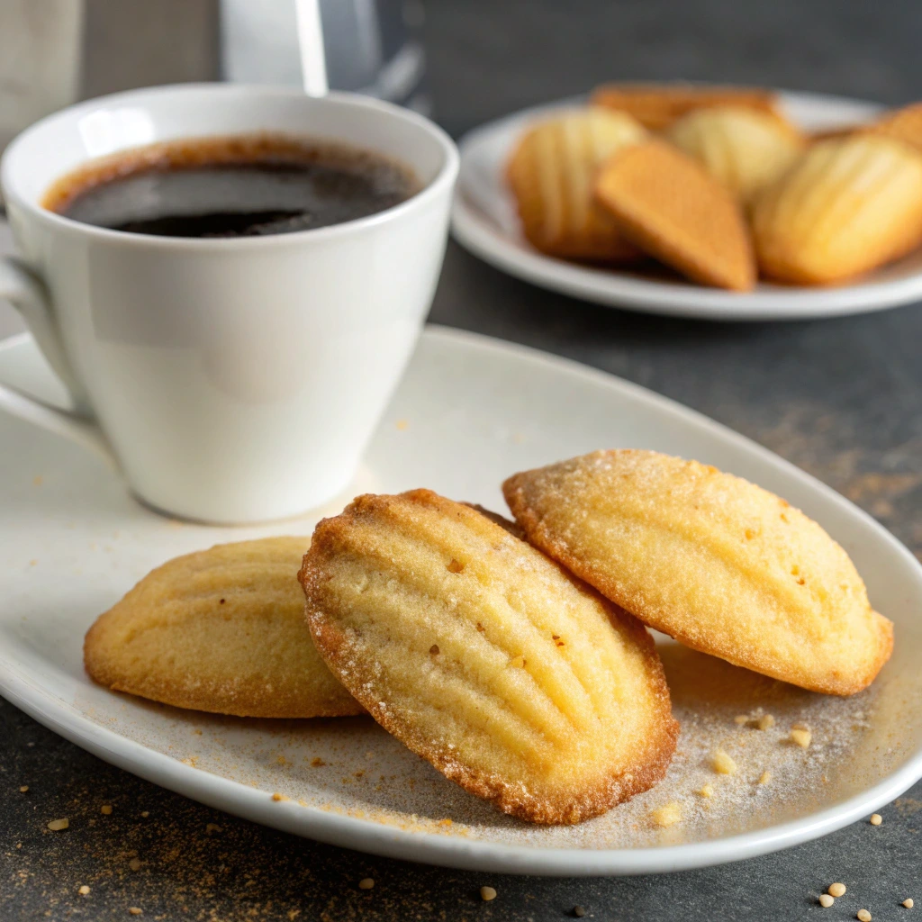 Golden-brown madeleine cookies on a white plate, lightly dusted with sugar, served with a cup of black coffee on a dark, rustic background.