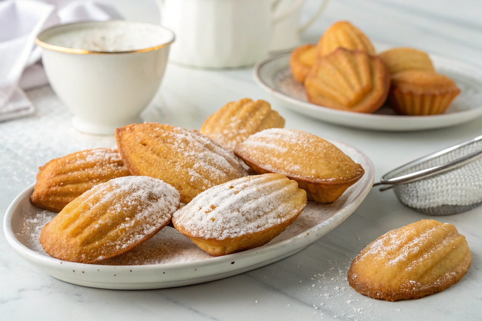 Freshly baked madeleine cookies dusted with powdered sugar on a white plate, served with a cup of tea in a cozy, elegant setting.