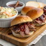 Delicious pulled ham sandwich topped with tangy barbecue sauce, served on a soft bun with a side of creamy coleslaw and dipping sauce – a perfect BBQ meal.