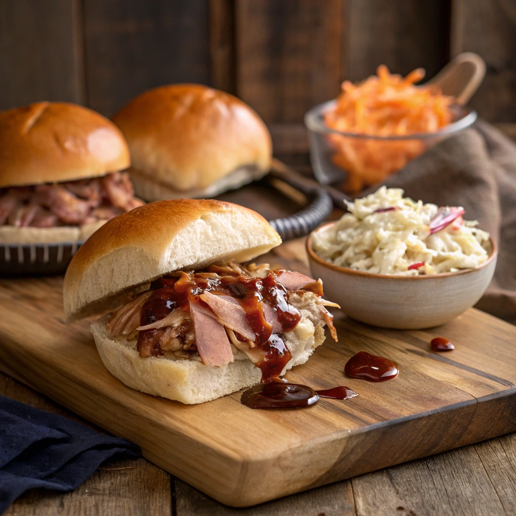 Pulled ham sandwich with barbecue sauce on a brioche bun, served with a side of coleslaw on a wooden board. Juicy shredded ham and fresh ingredients create a delicious BBQ meal.