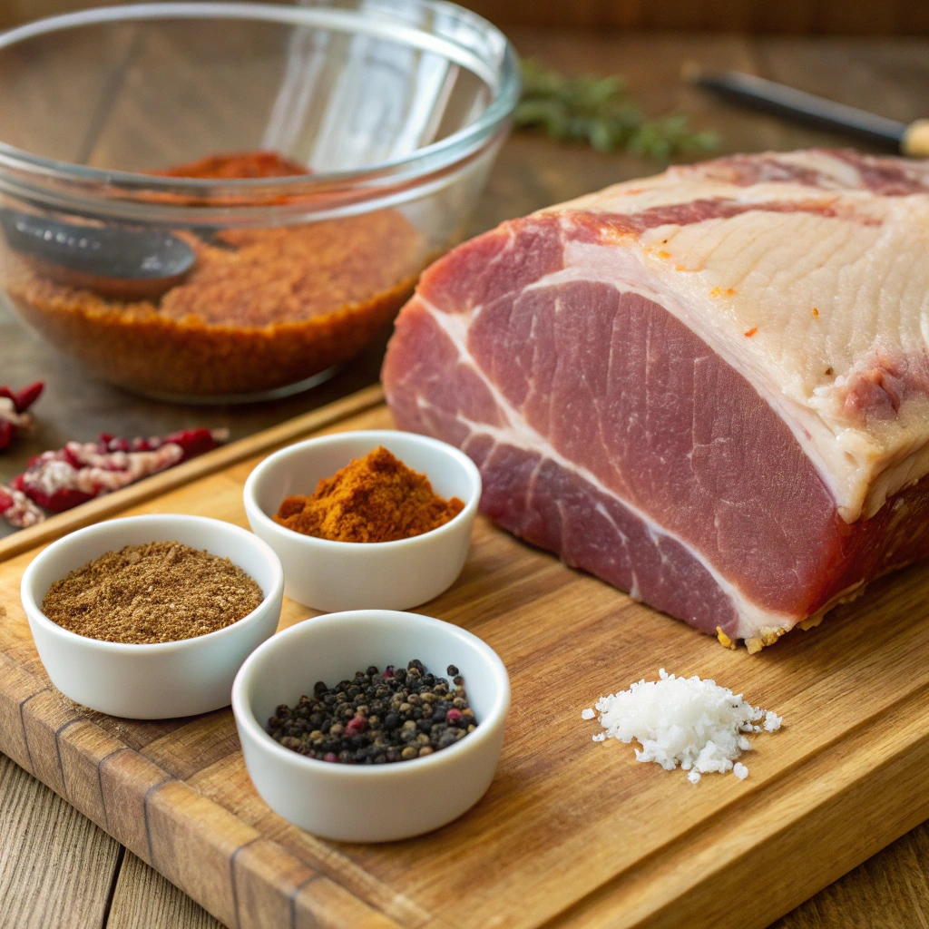 Raw ham on a wooden cutting board with small bowls of spices, including paprika, black pepper, and brown sugar, alongside a glass bowl of seasoning mix. Perfect ingredients for a pulled ham recipe.