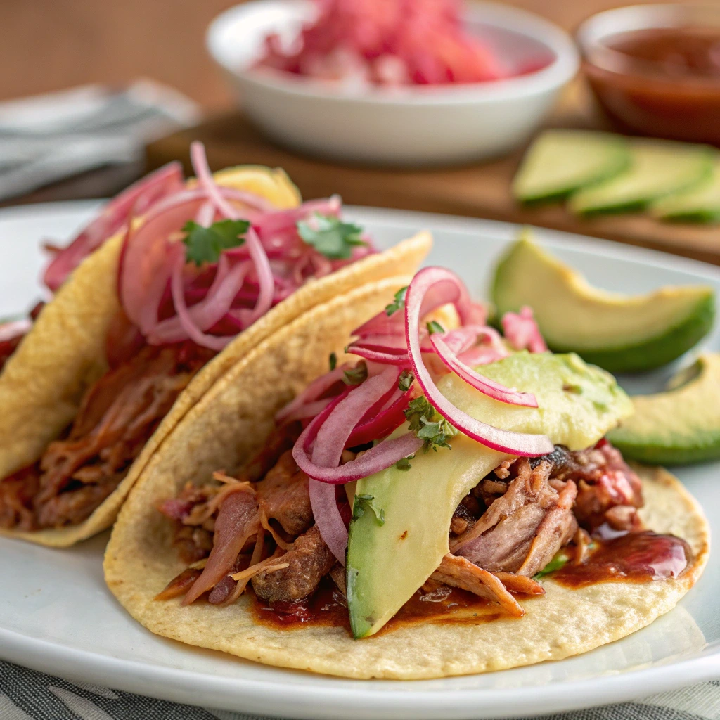  Pulled ham tacos served on corn tortillas, topped with pickled red onions, avocado slices, and fresh cilantro. A flavorful Tex-Mex twist on pulled ham.