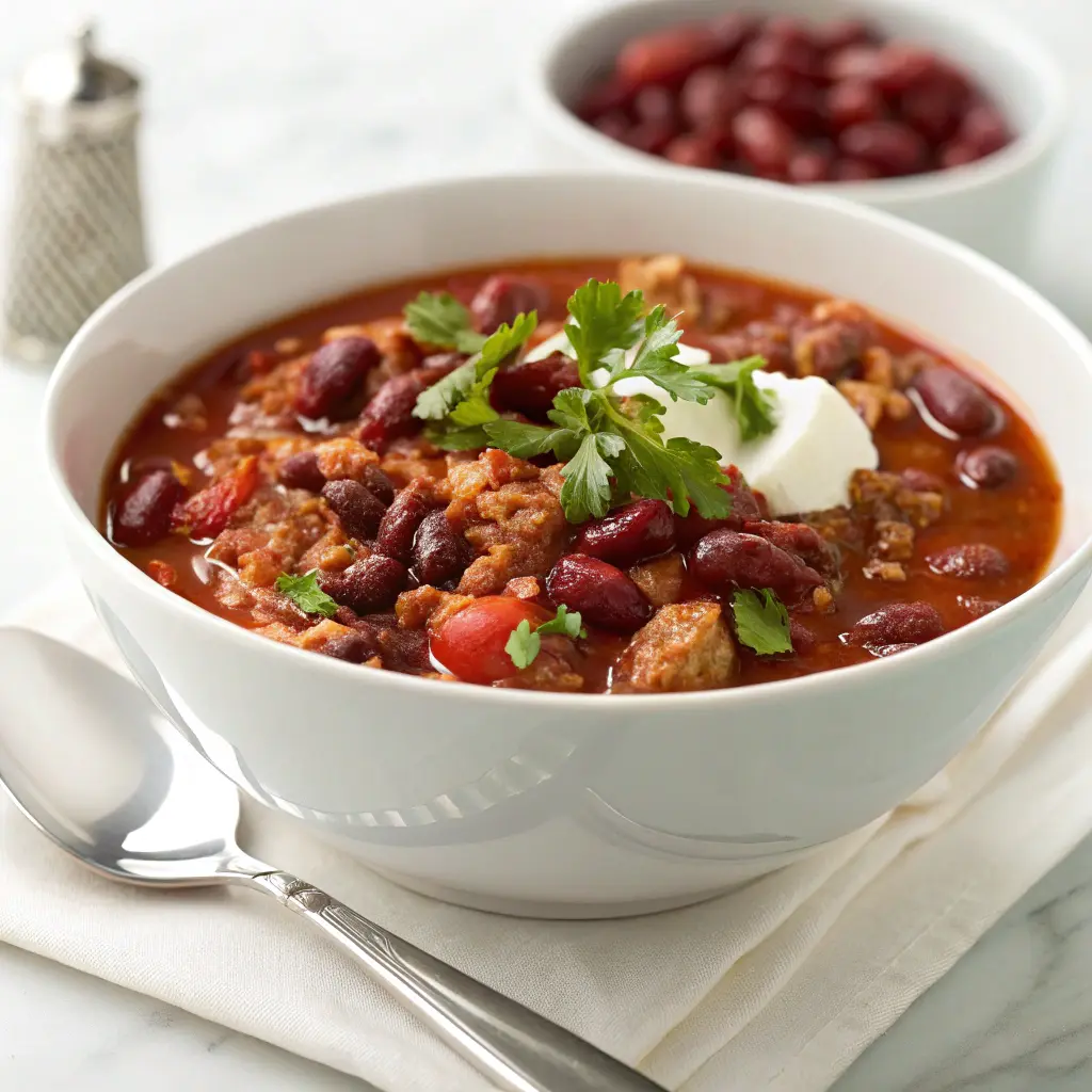 A bowl of turkey cranberry chili with kidney beans, topped with sour cream and fresh cilantro, served with a spoon on a white napkin.