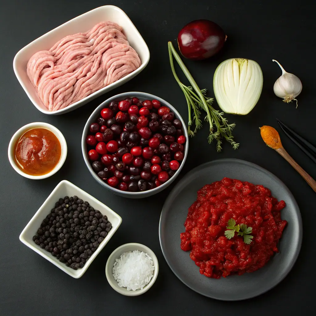 Fresh ingredients for turkey cranberry chili, including ground turkey, cranberries, black beans, tomato sauce, onions, garlic, and spices on a dark background.