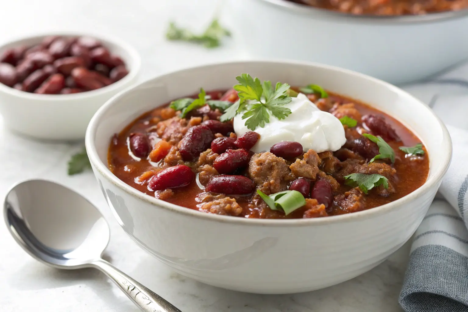 Bowl of turkey cranberry chili topped with sour cream and fresh cilantro, served in a white bowl with a spoon on the side.