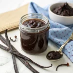 Homemade vanilla paste in a glass jar with fresh vanilla beans and a spoonful of paste on a rustic kitchen countertop.